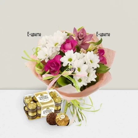 Доставка на букет от цветя и бонбони Ferrero Rocher