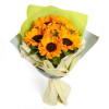 Summer bouquet of seven bright sunflowers wrap and ribbon