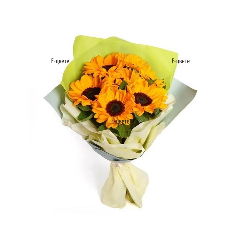Summer bouquet of seven bright sunflowers wrap