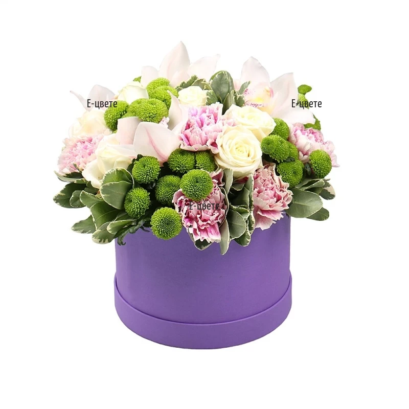 Send flower arrangement in round box to Bulgaria