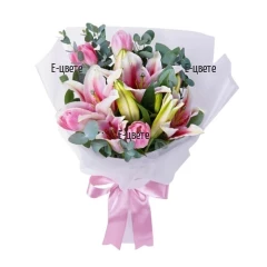Delivery of a bouquet of pink lilies and tulips