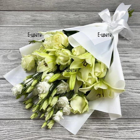 Delivery of a luxurious bouquet of white flowers and roses for a wedding