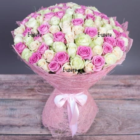 Send a bouquet of 101 white and pink roses to Bulgaria