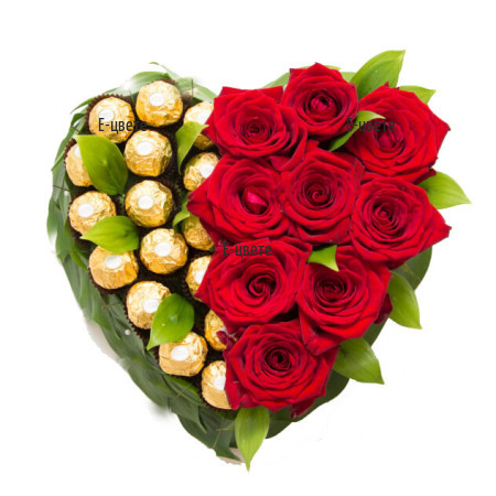 Доставка на Сърце от шоколадови бонбони и рози