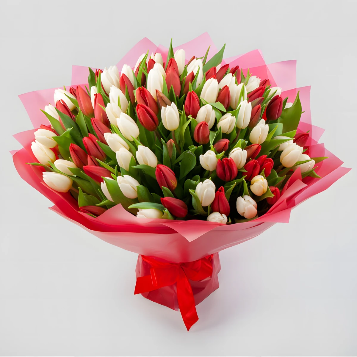 Send a bouquet of 101 red and white tulips.