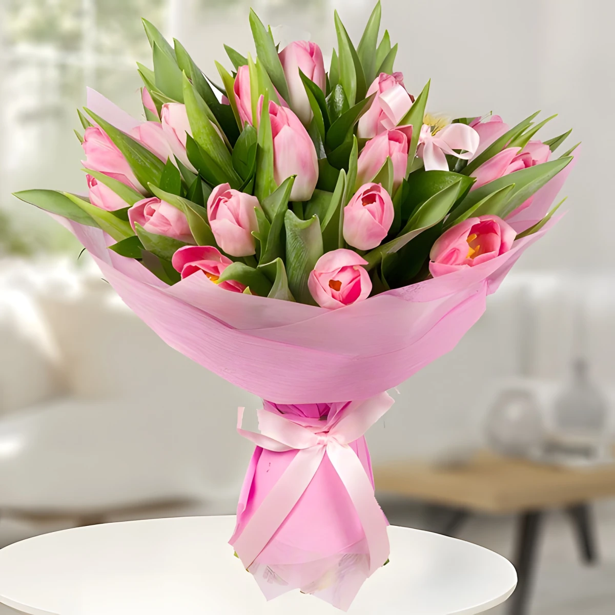 Send a bouquet of 25 pink tulips and greenery.