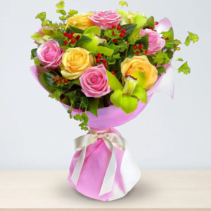 Pink & Yellow Roses with Cymbidium Orchid Delivery