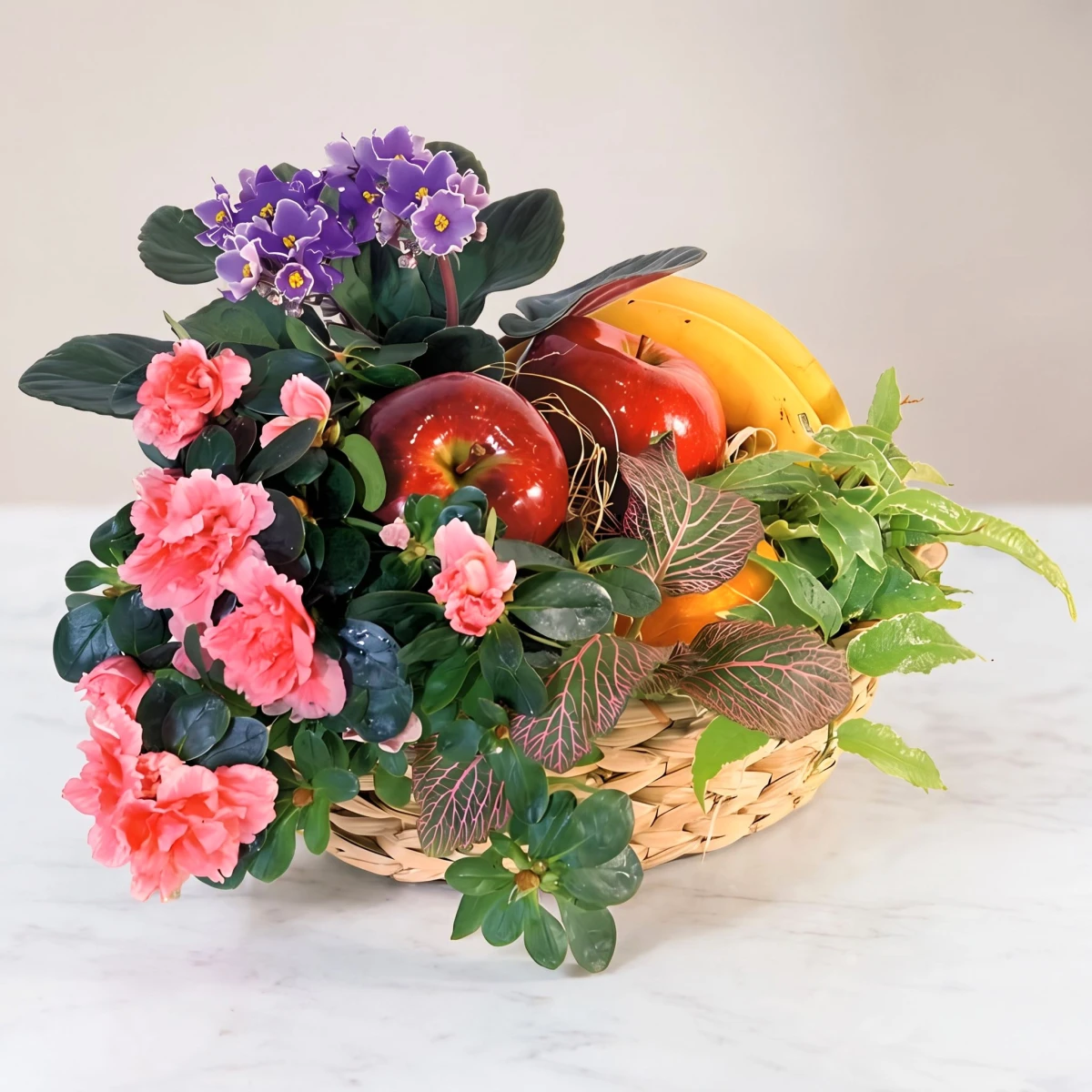 Send a basket with fruits and potted plants.