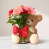 Flower Bouquet with Teddy Bear and Glass Vase