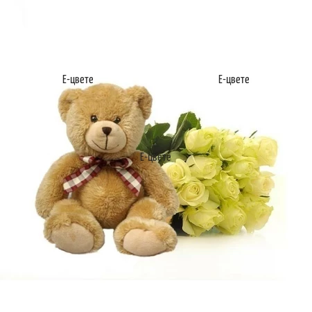 Send a bouquet of white roses and Teddy Bear