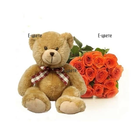 Sena a bouquet of orange roses and Teddy Bear