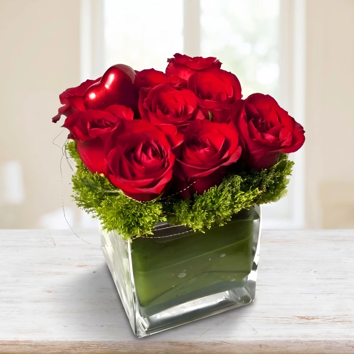 Romantic Rose Arrangement with 9 Red Roses and a Heart