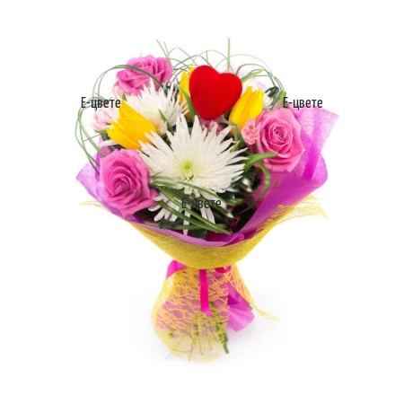 Send a bouquet of chrysanthemums, roses and tulips