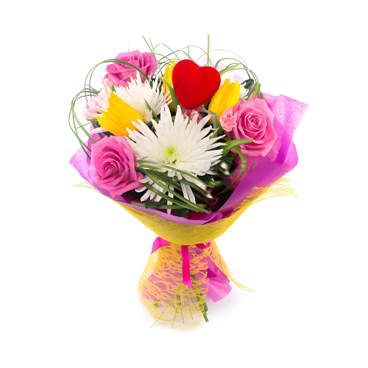 Send a bouquet of chrysanthemums, roses and tulips