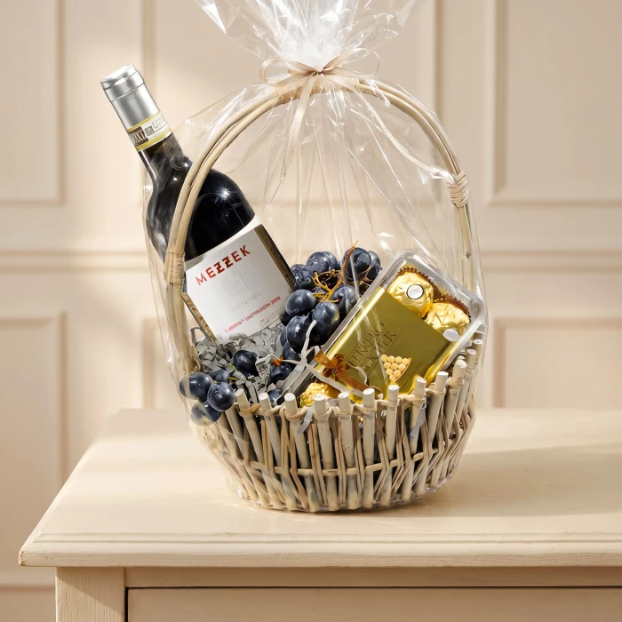 Send a basket with a bottle of wine, chocolates and fruits.