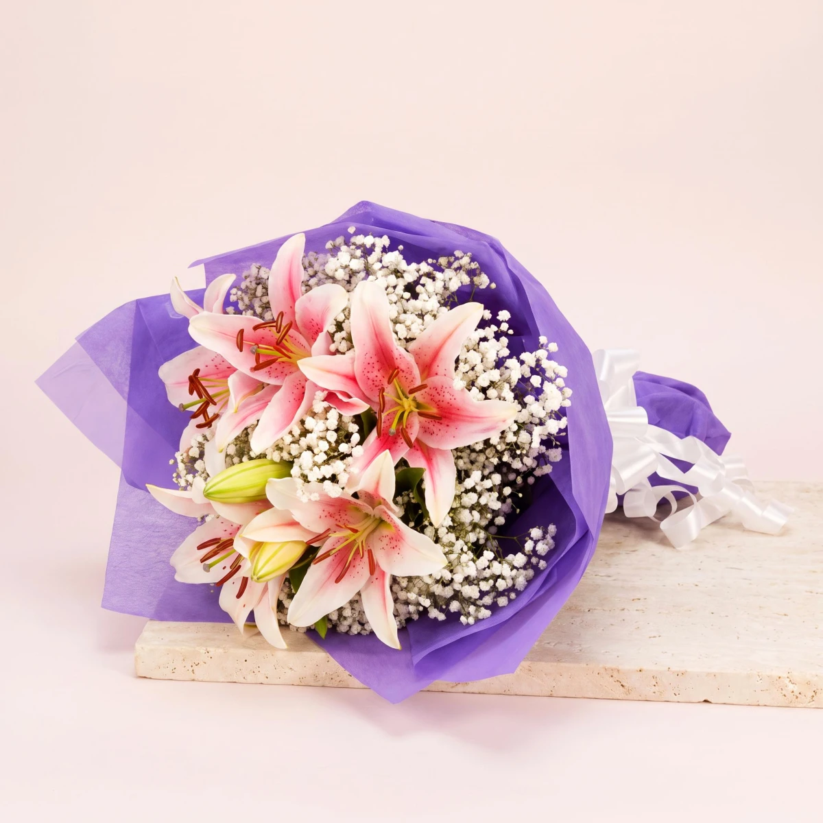 Bouquet of 3 Pink Lilies with White Gypsophila | Gift
