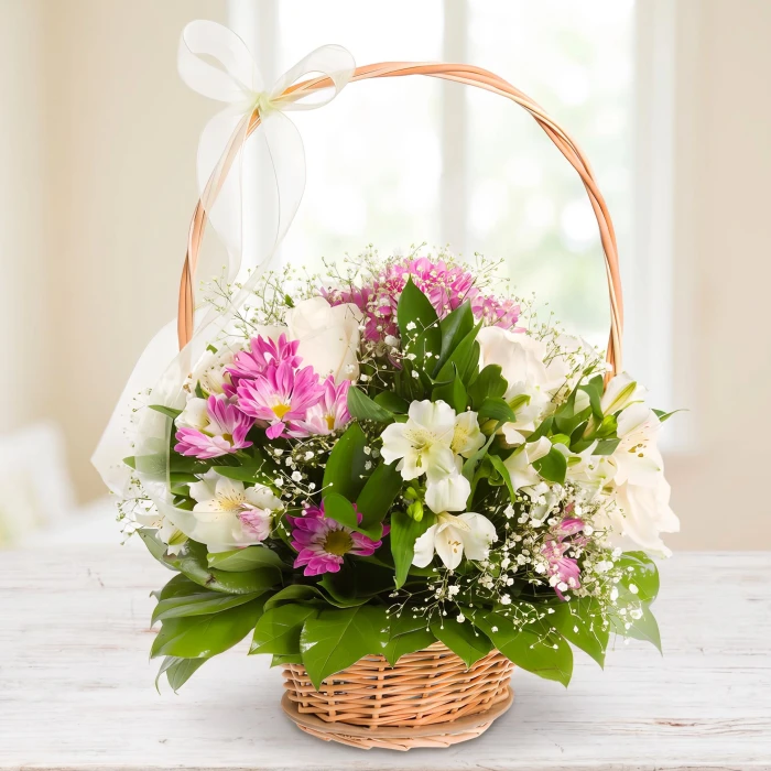 White and Pink Flower Basket for Special Occasions