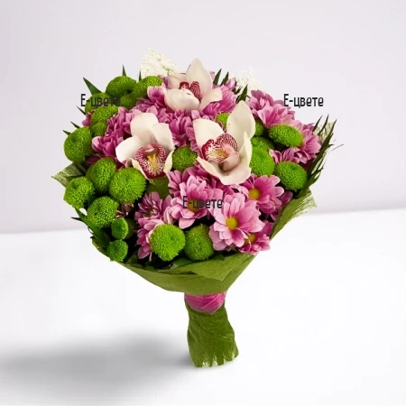 Send by courier a bouquet of chrysanthemums and orchids.
