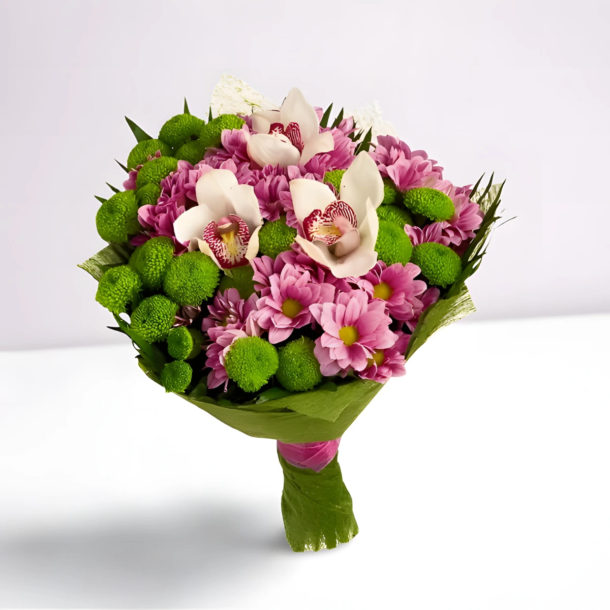 Send by courier a bouquet of chrysanthemums and orchids.