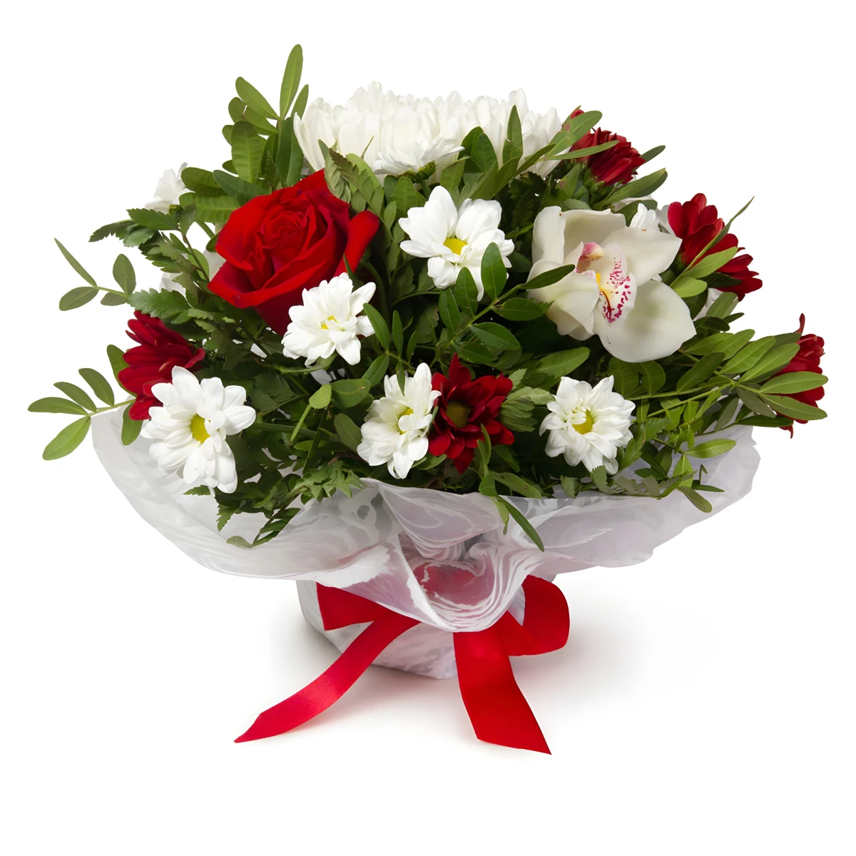 An arrangement of roses and chrysanthemums on piaflora