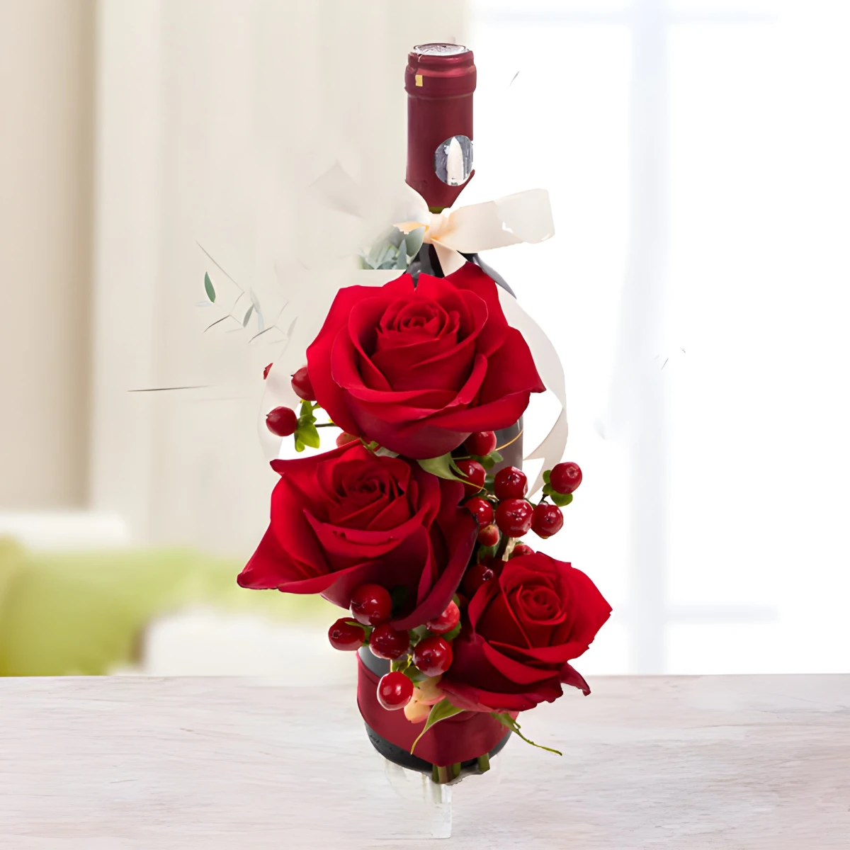 Send an arrangement of flowers and wine.