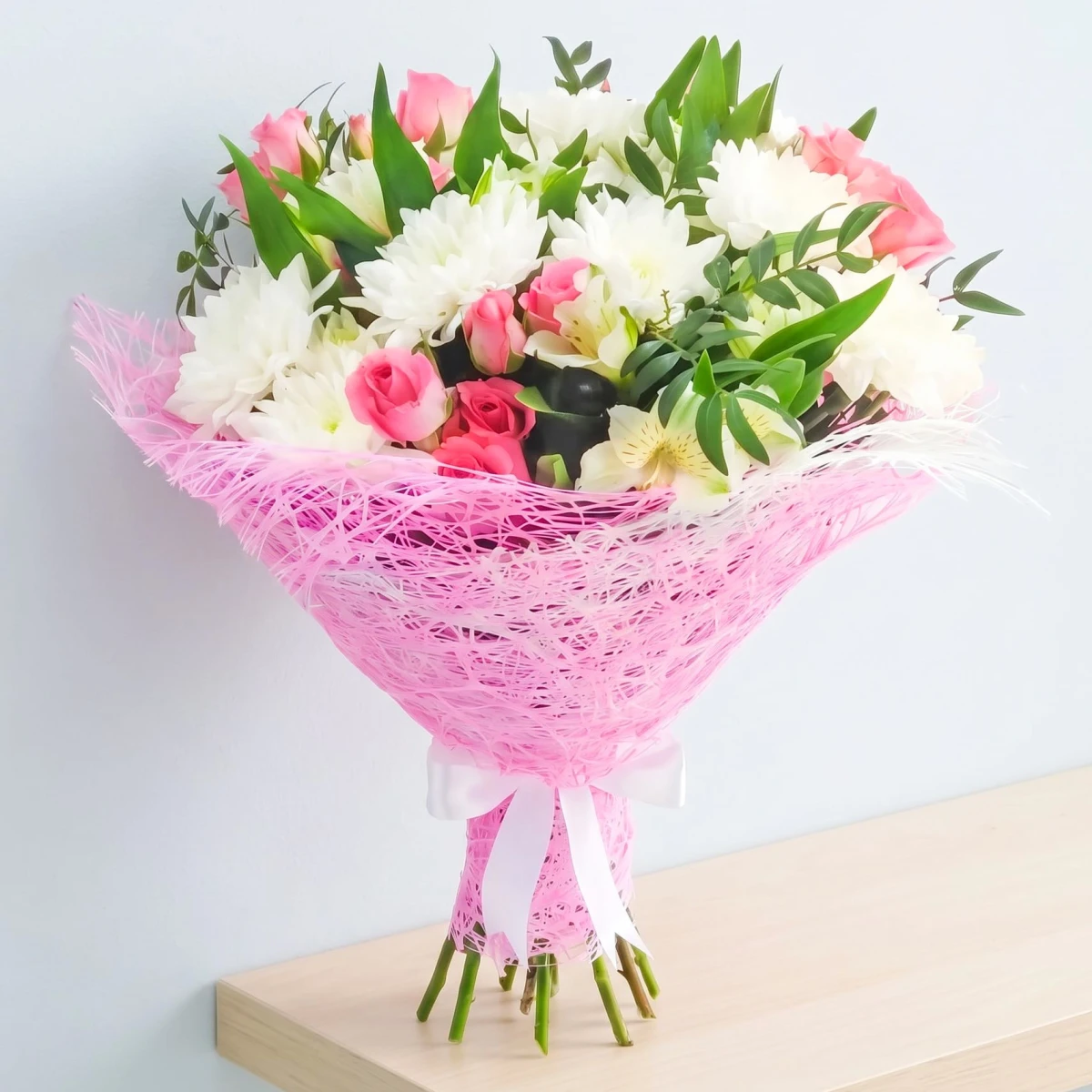 White Chrysanthemum & Pink Spray Rose Bouquet | Delivery