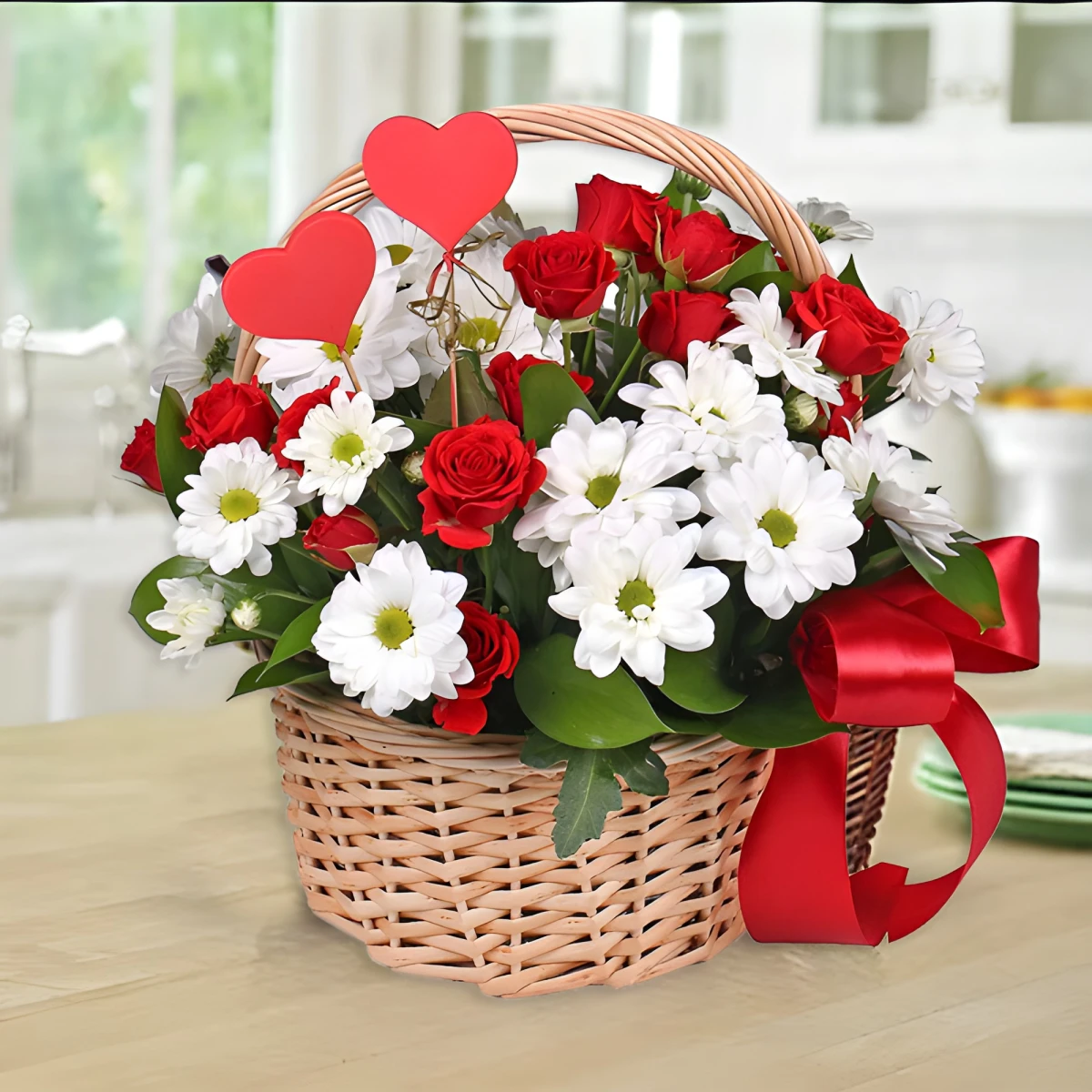 Online order of a basket of roses and chrysanthemums