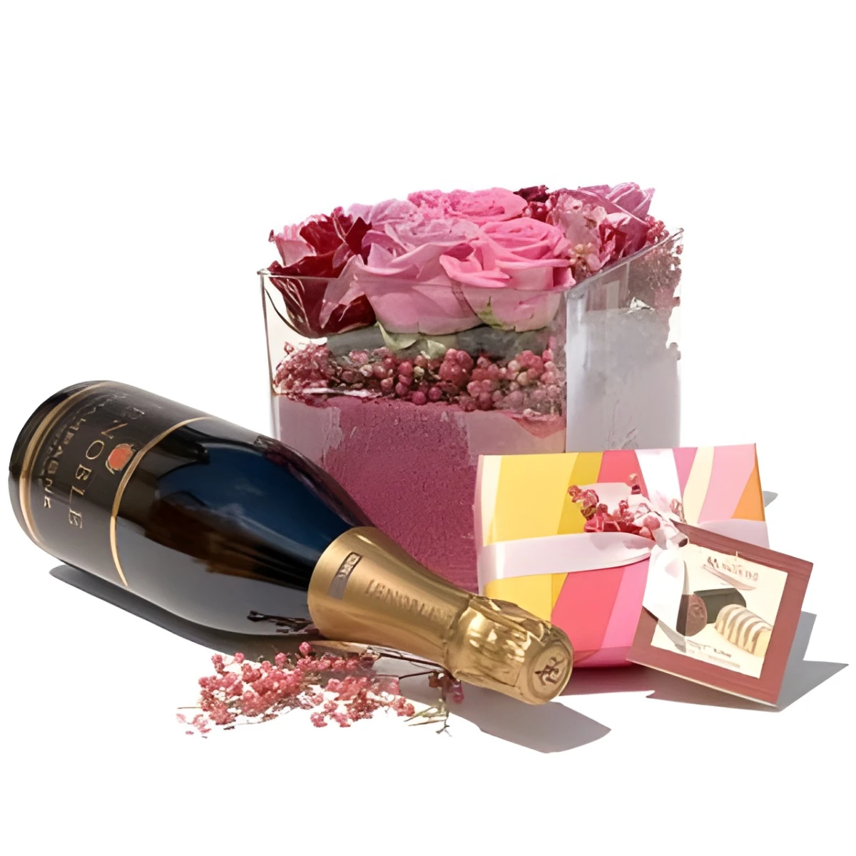 Flower arrangement of pink roses, chocolates and sparkling wine