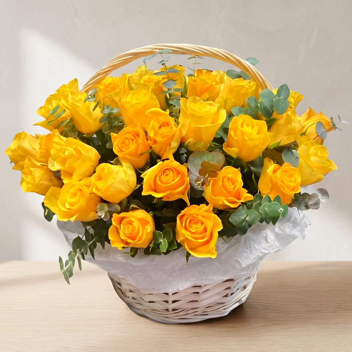 35 Yellow Roses in a Basket for Birthdays & Thanks