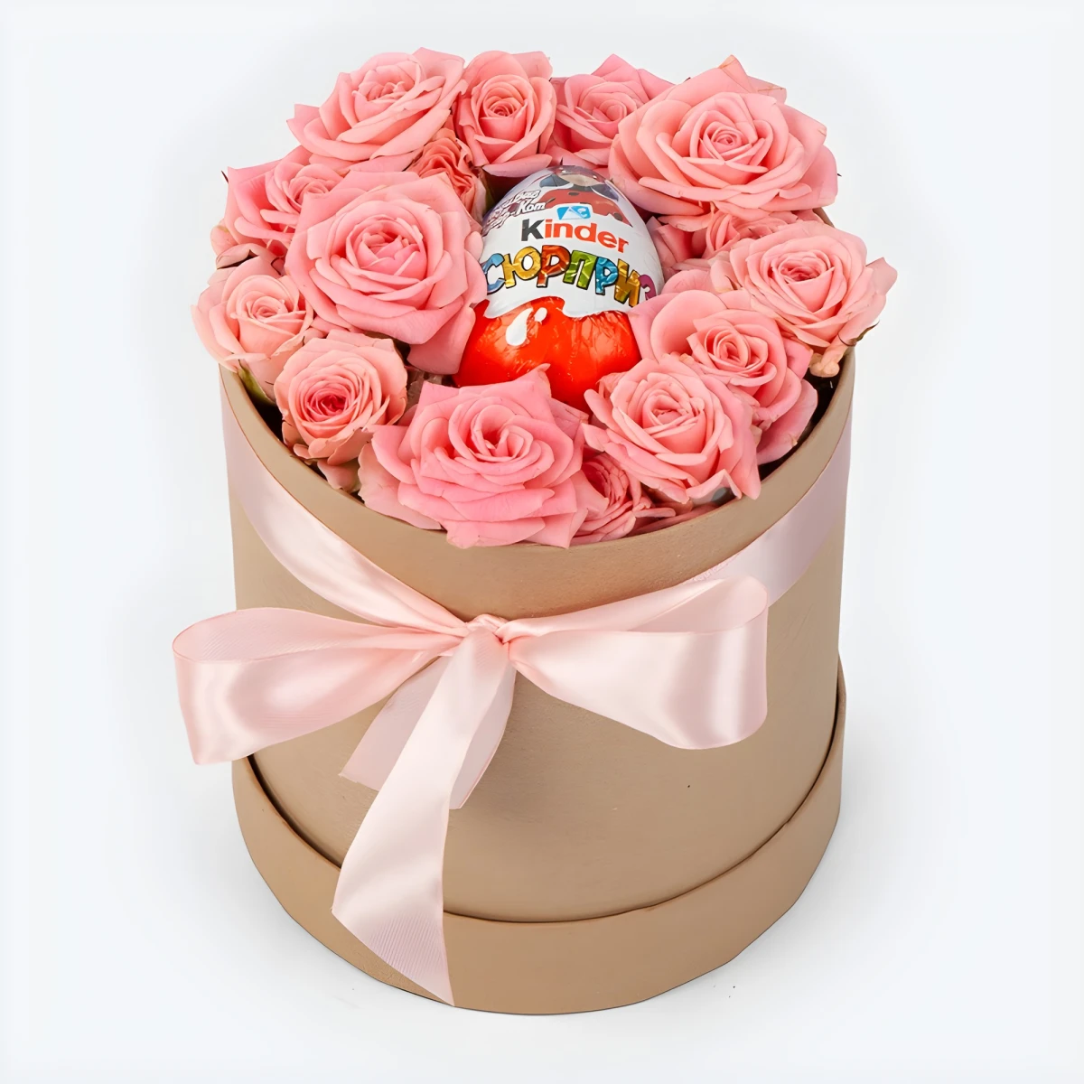 Flower delivery of roses and a Kinder egg in a hat box