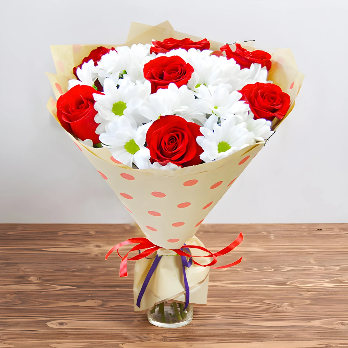 Delivery of a beautiful bouquet of roses and chrysanthemums